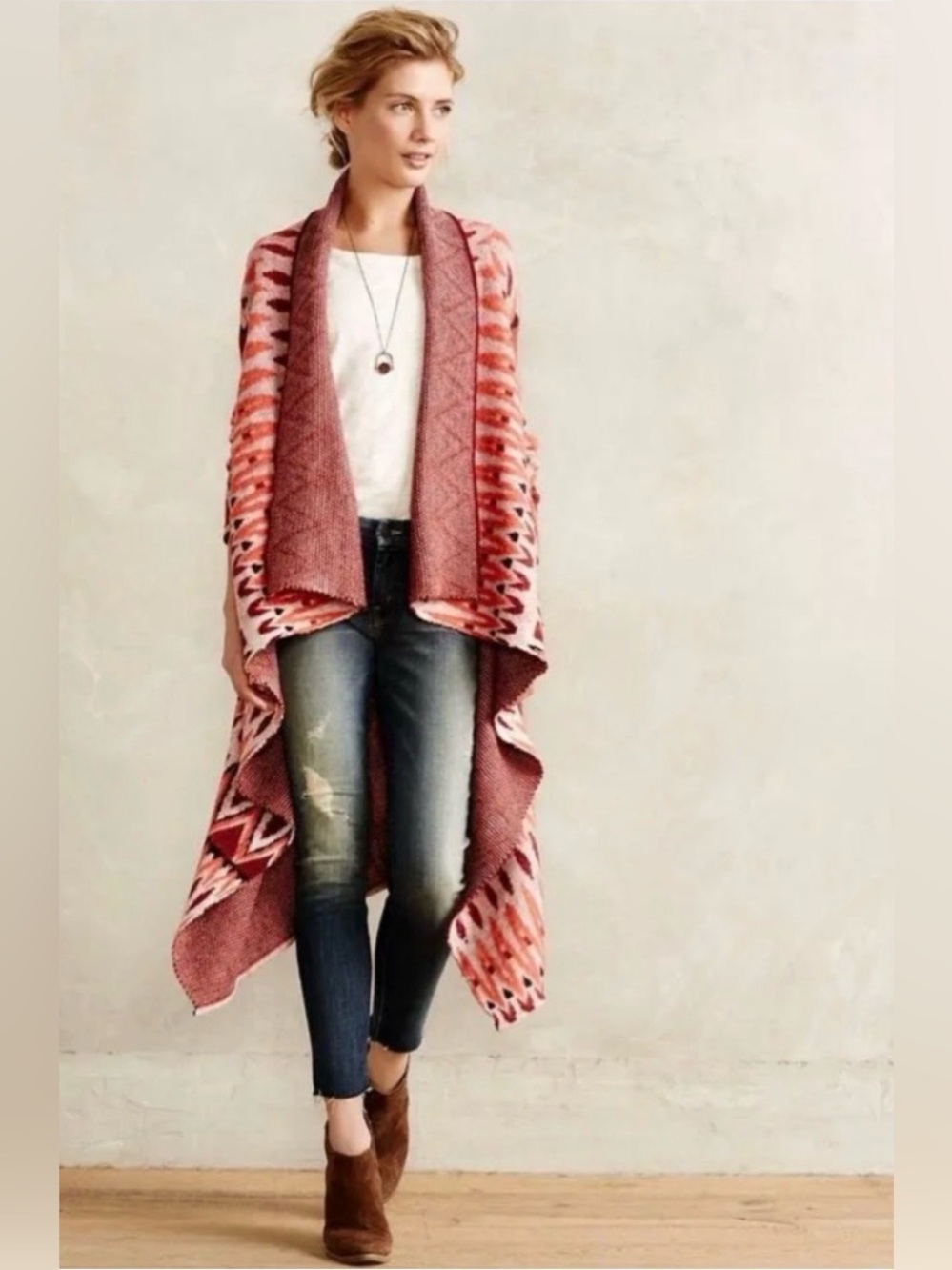 Anthropologie Sleeping On Snow Red Wool Open Front Blanket Cardigan, Sz S Petite